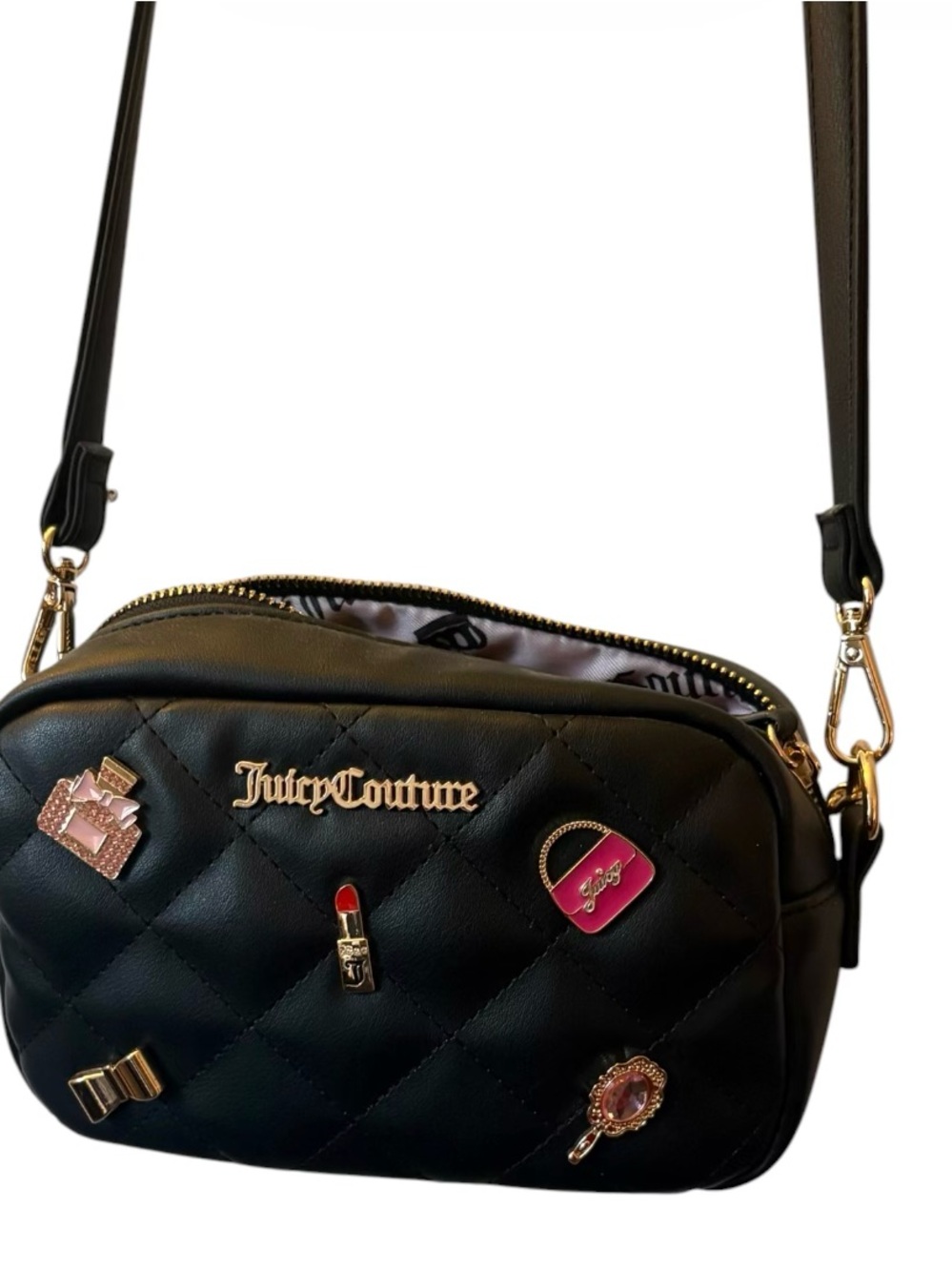 Juicy Couture Black Quilted Crossbody Bag with Gold Logo and Enamel Pins